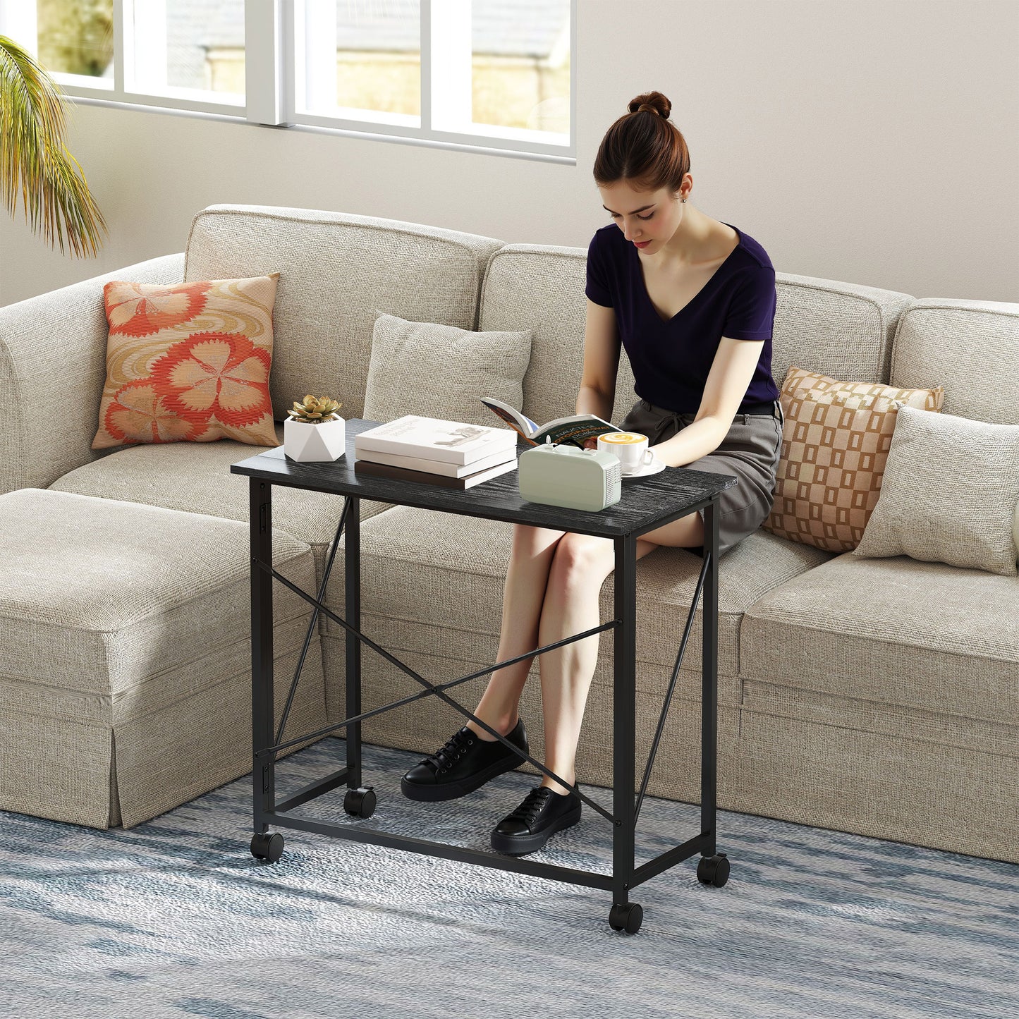 Folding Desk on Wheels, Writing Table for Home Office, Black