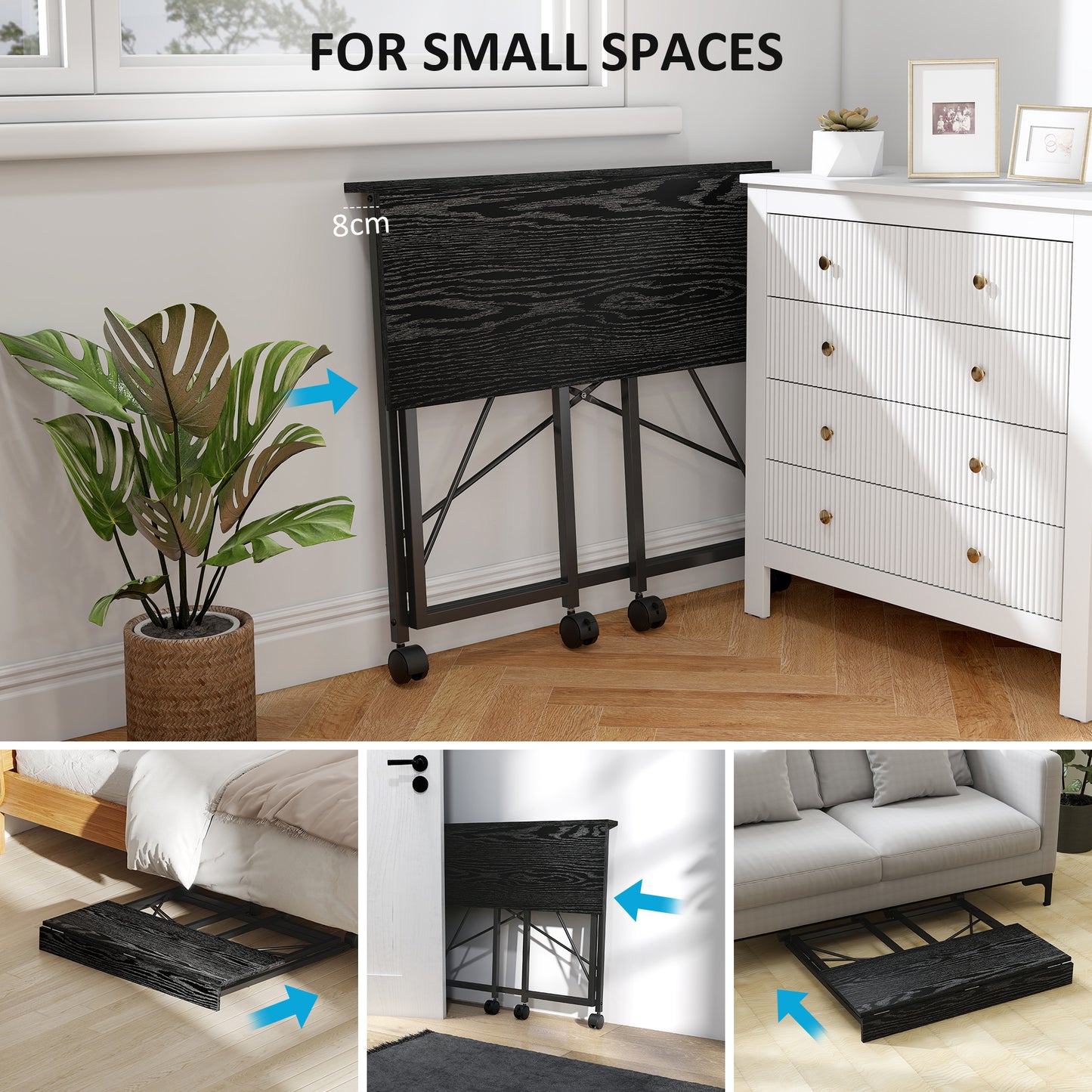 Folding Desk on Wheels, Writing Table for Home Office, Black