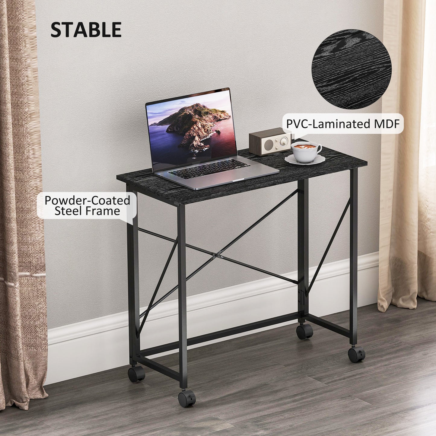 Folding Desk on Wheels, Writing Table for Home Office, Black