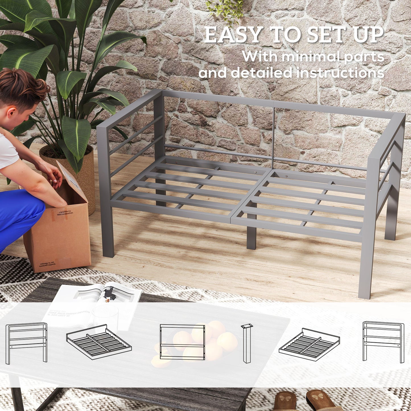 All-Weather Garden Loveseat with Removable Cushions, Charcoal Grey