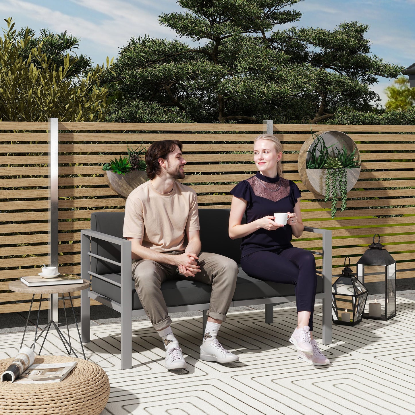 All-Weather Garden Loveseat with Removable Cushions, Charcoal Grey