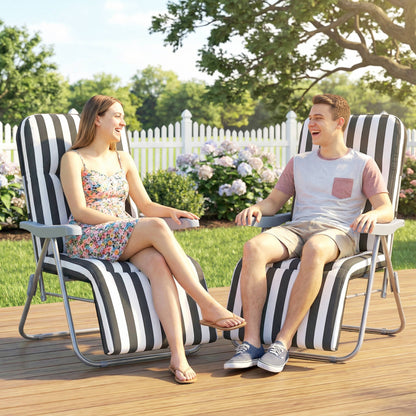 Set of 2 Adjustable Sun Lounger Recliner Reclining Seat Grey Stripe