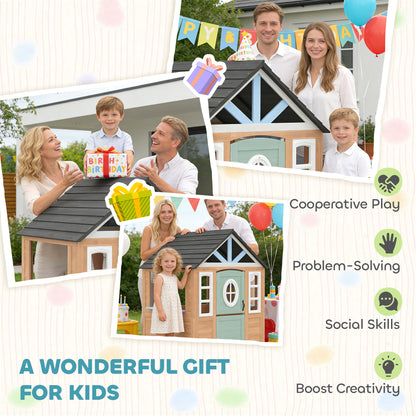 Playhouse for Kids, Wooden Wendy House with Pet Door, Play Kitchen, Half Door and Windows for Indoor Outdoor Pretend Play Fun, Ages 2+, Natural Wood