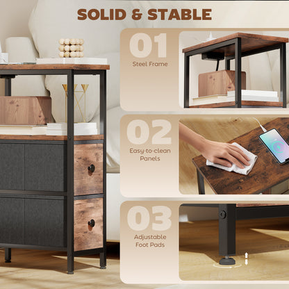 Side Table, Narrow Bedside Table with Charging Station, 2 Drawers