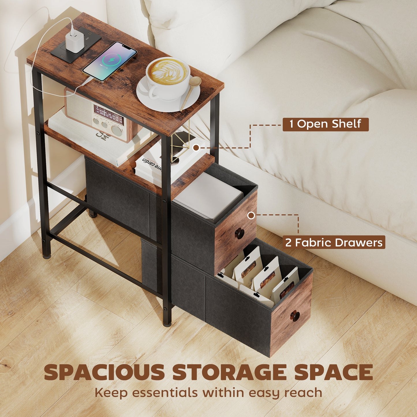 Side Table, Narrow Bedside Table with Charging Station, 2 Drawers