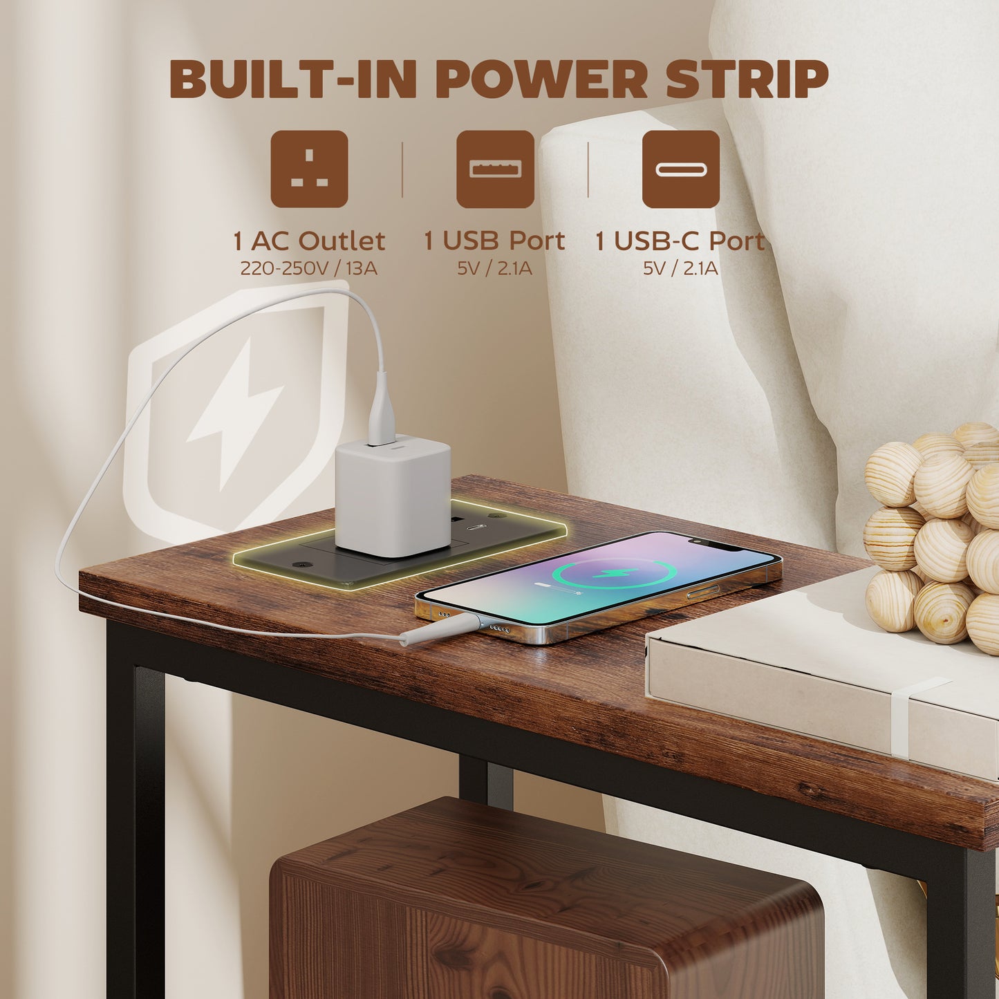 Side Table, Narrow Bedside Table with Charging Station, 2 Drawers