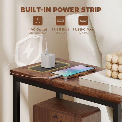 Side Table, Narrow Bedside Table with Charging Station, 2 Drawers