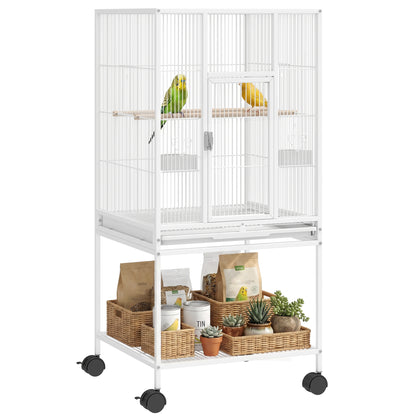 Detachable Bird Cage on Wheels, for Finches, Parakeets, Budgies, Budgie Cage, Parrot Aviary with Accessories, Storage Shelf - White