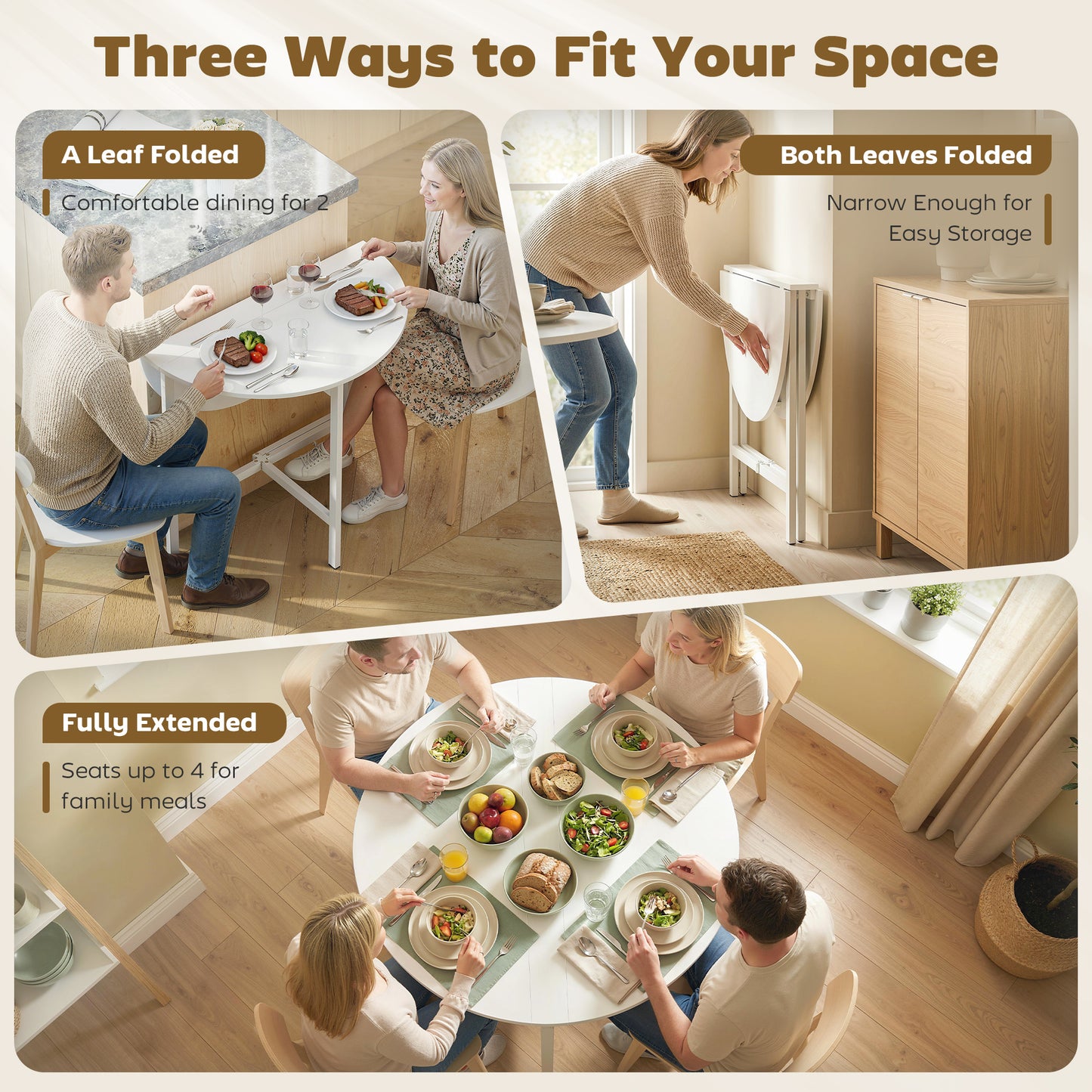 Folding Dining Table, Collapsible Drop Leaf Table for Small Spaces, Extendable Kitchen Table with Steel Frame, White