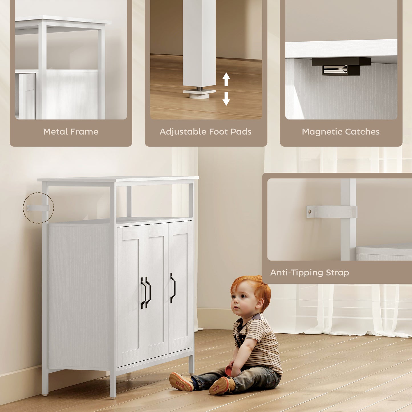 Industrial Kitchen Sideboard with Open Shelf & 2 Cabinets, White