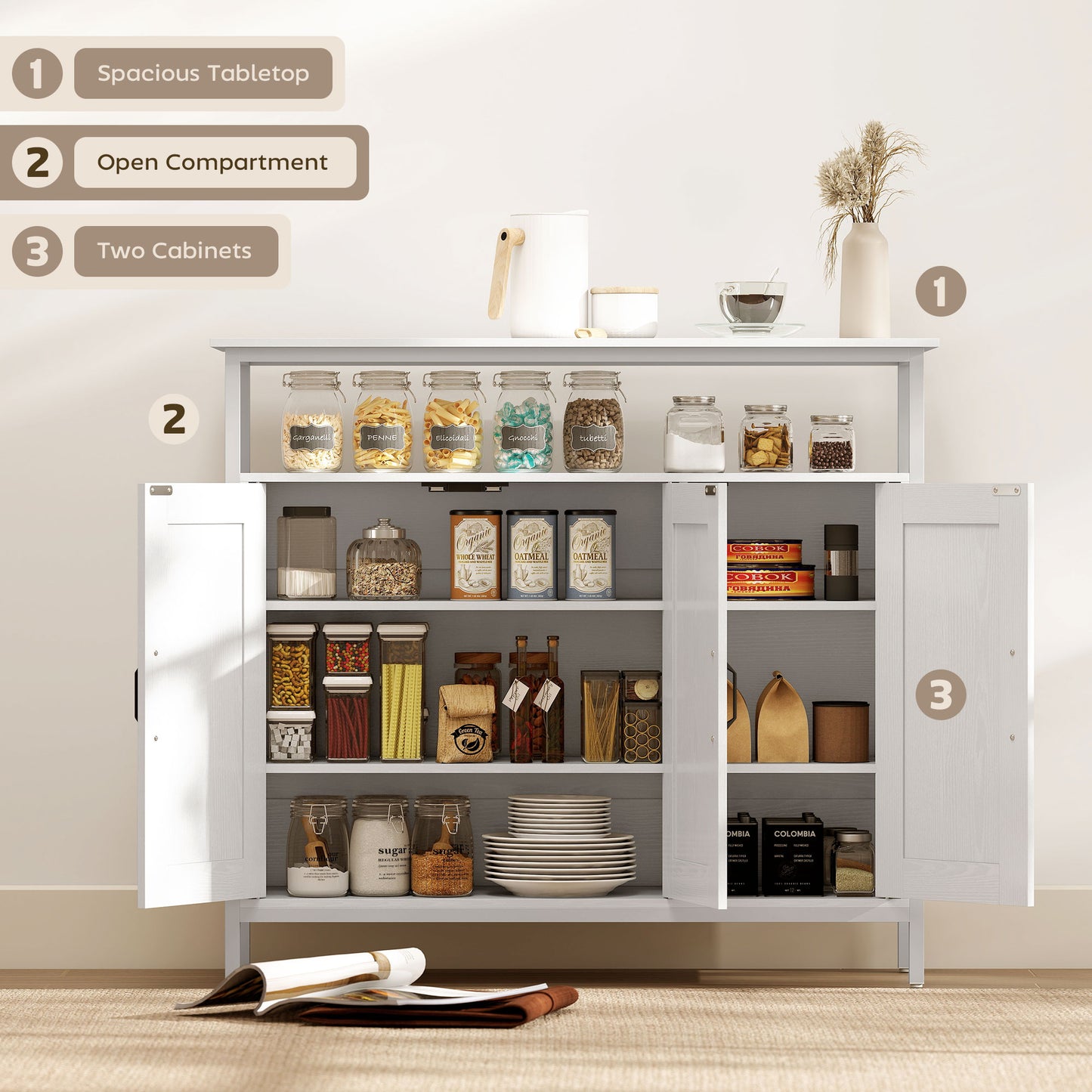 Industrial Kitchen Sideboard with Open Shelf & 2 Cabinets, White