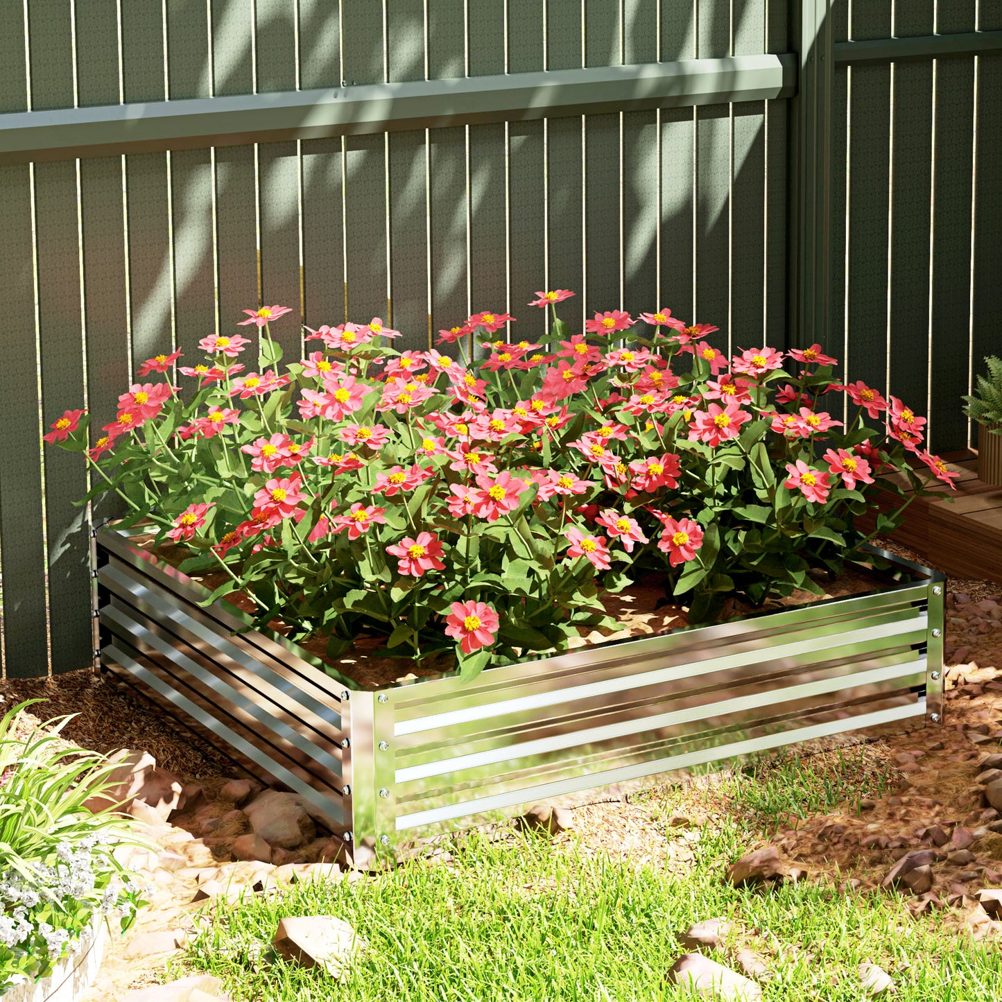 Raised Garden Bed Metal Patio Backyard Flower Planter, Silver Tone