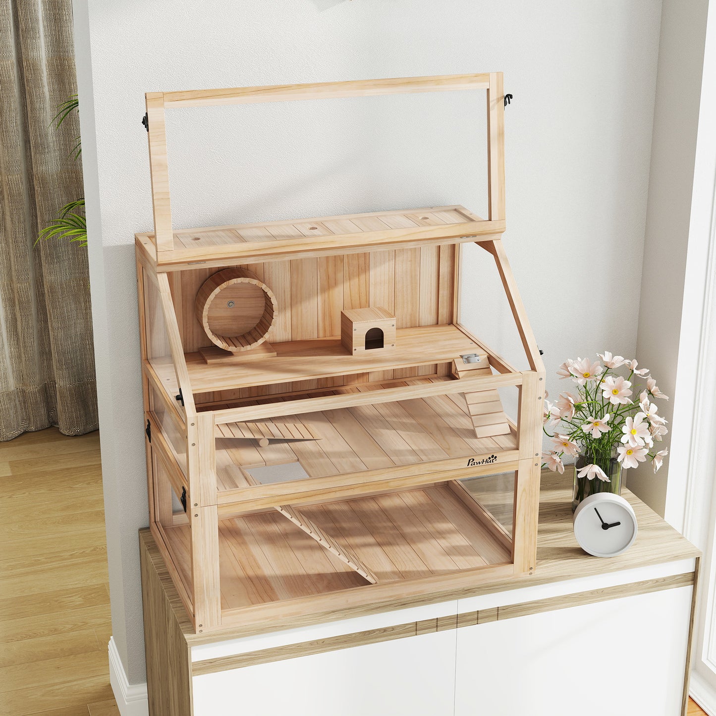 Wooden Hamster Cage w/ Detachable Bottom, Hut, Seesaw, Natural
