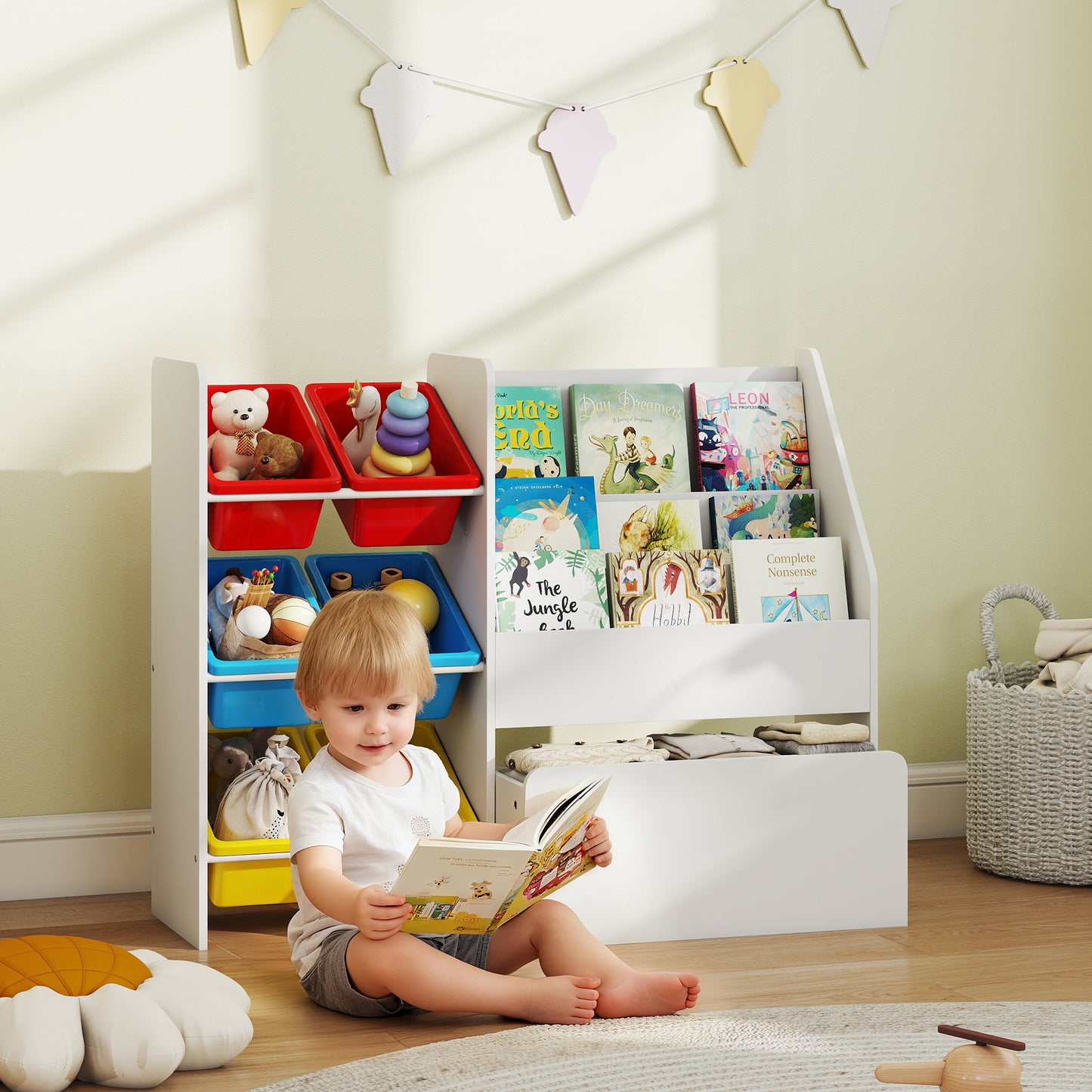 Toy Storage Unit, Childrens Bookcase with 6 Bins, Multicoloured