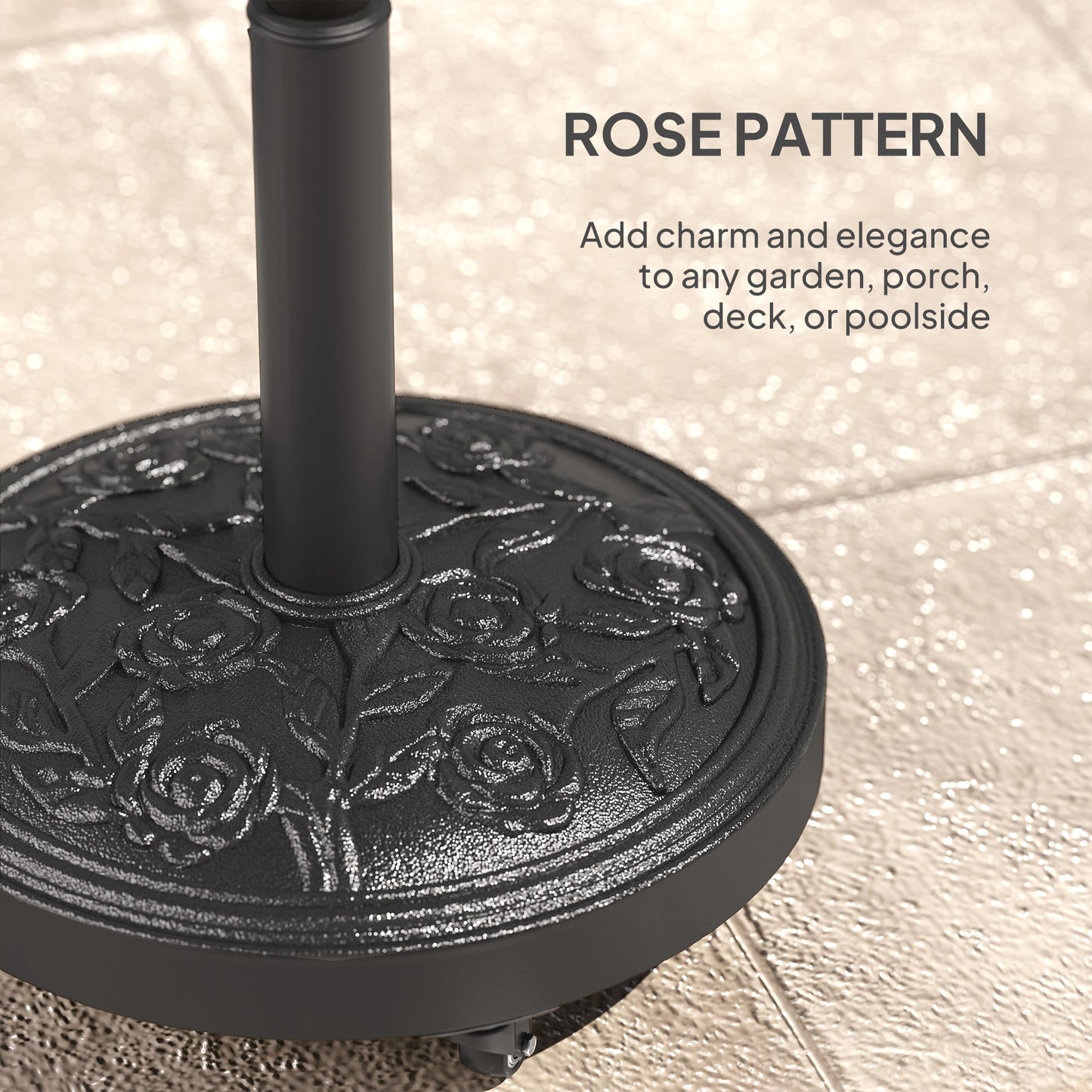 Parasol Base with Wheels, Floral Rose Pattern, Black