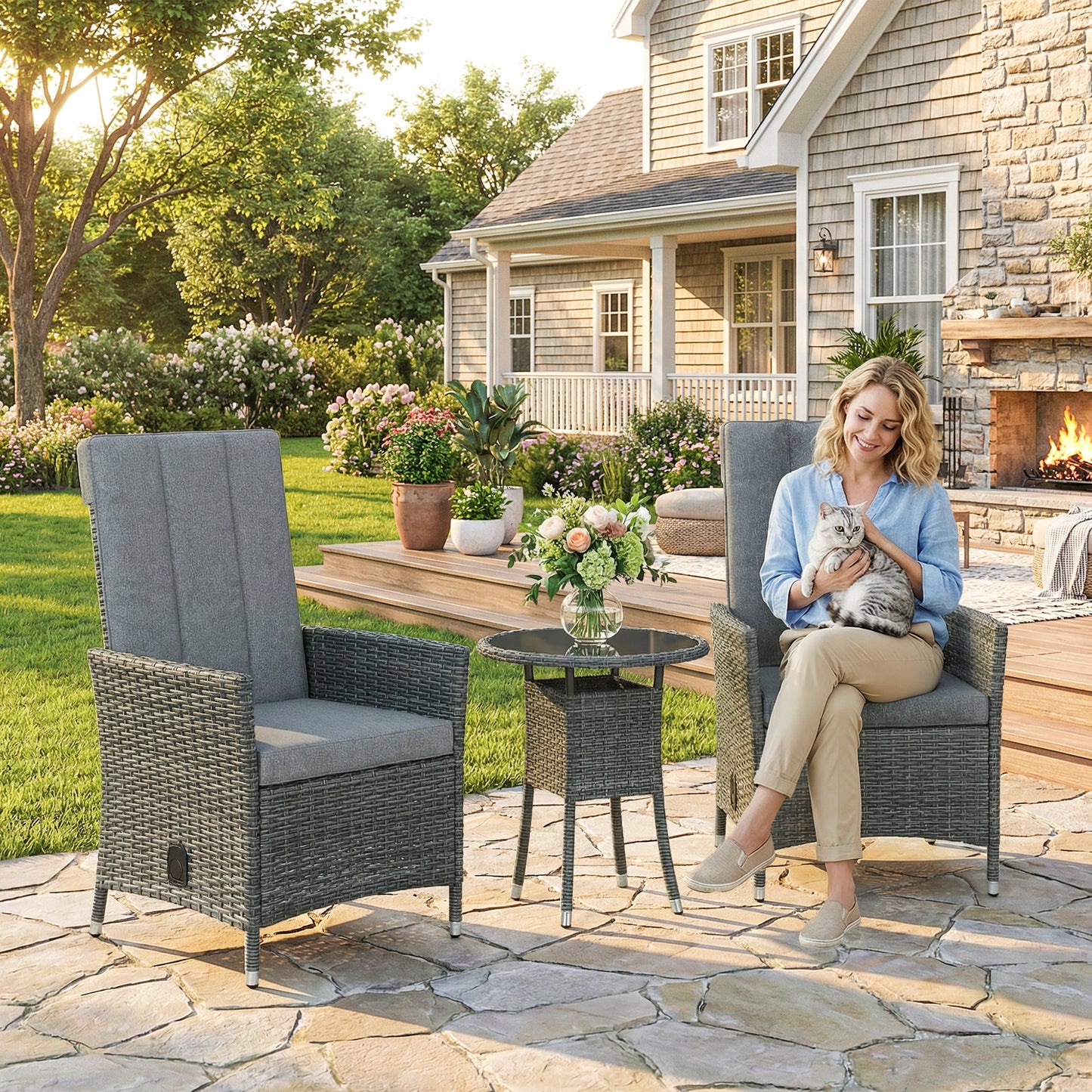 Rattan Bistro Set, Reclining Garden Chairs and Table, Grey