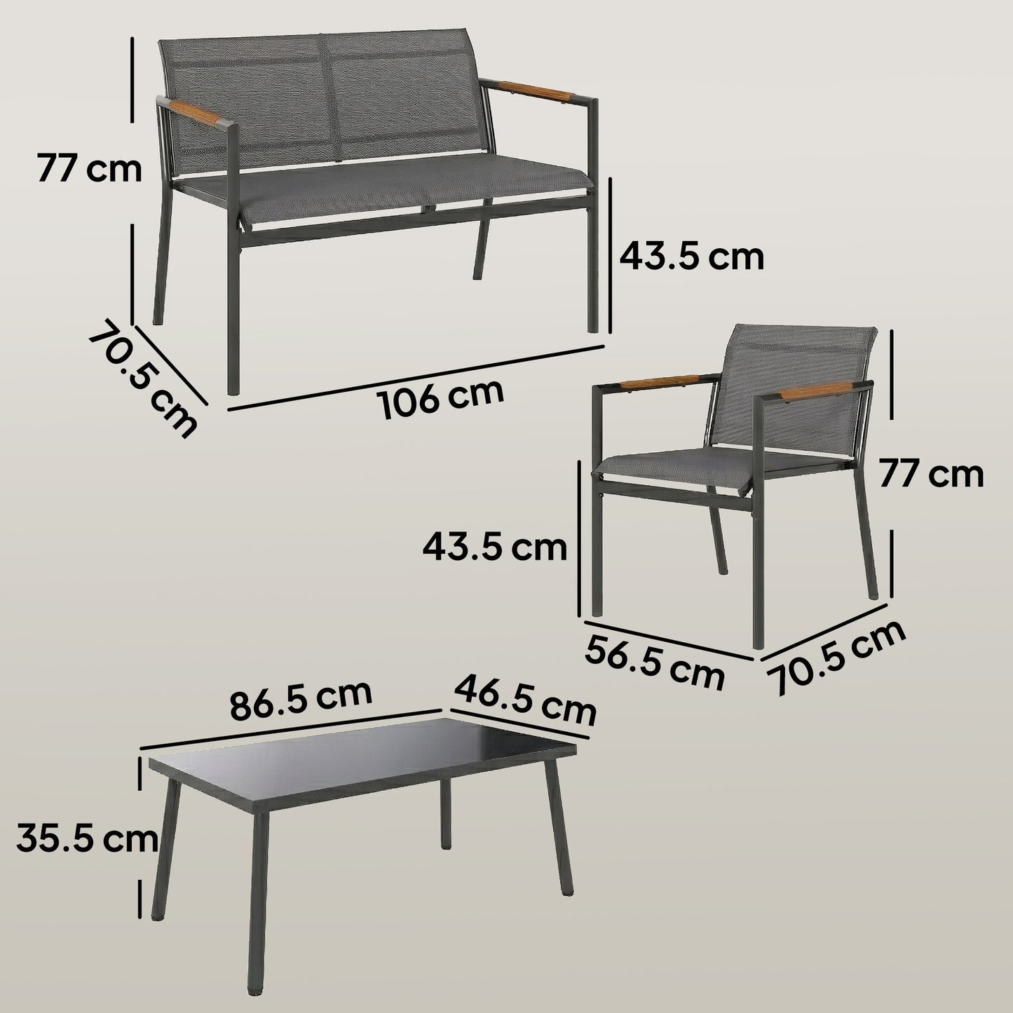 4 Seater Garden Furniture Set, Metal Garden Sofa Set, Grey