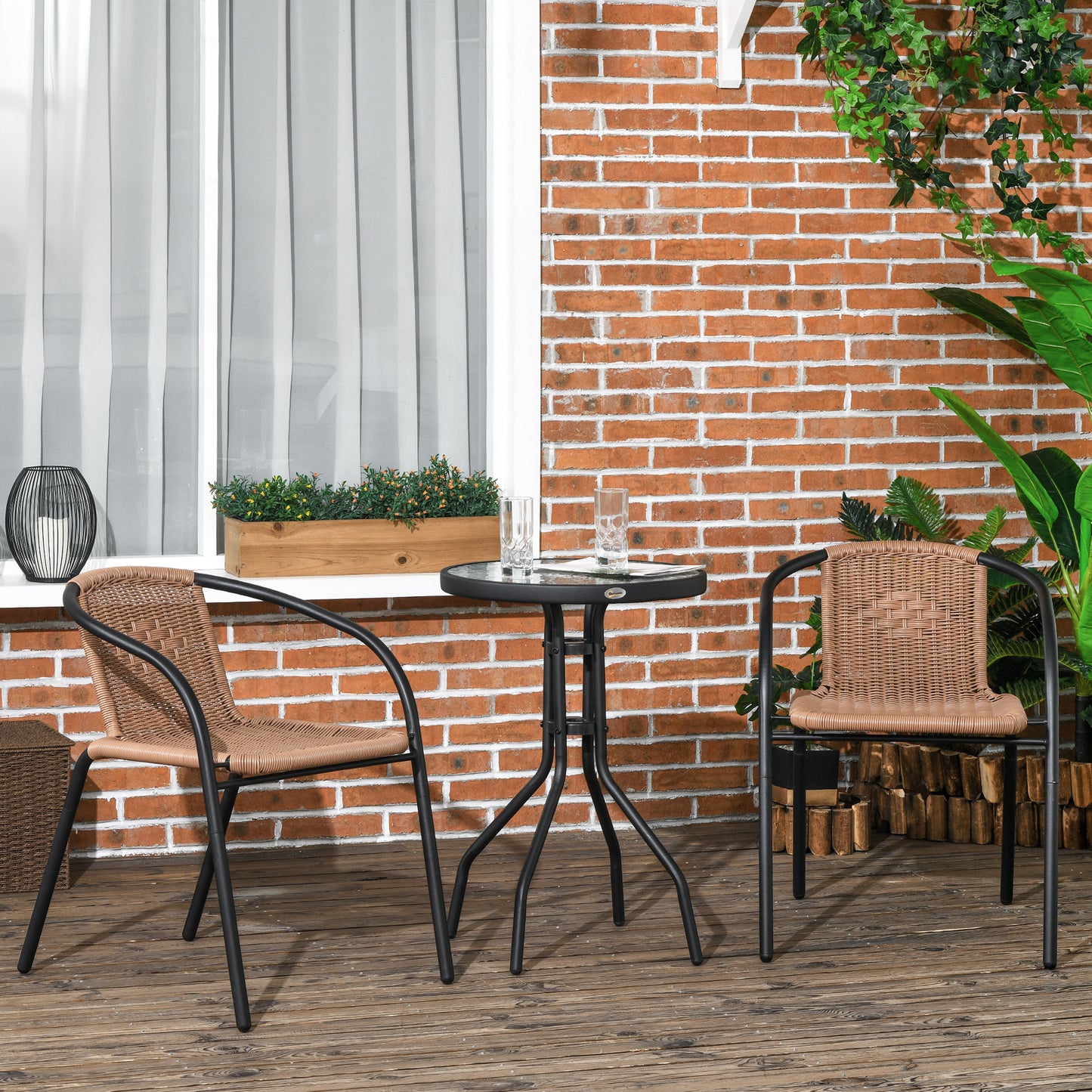 3 Pieces Garden Furniture Set with 2 Stackable Chairs, Brown