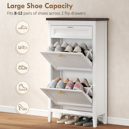 Shoe Cabinet with 2 Flip Drawers, Narrow Shoe Storage Cabinet, White