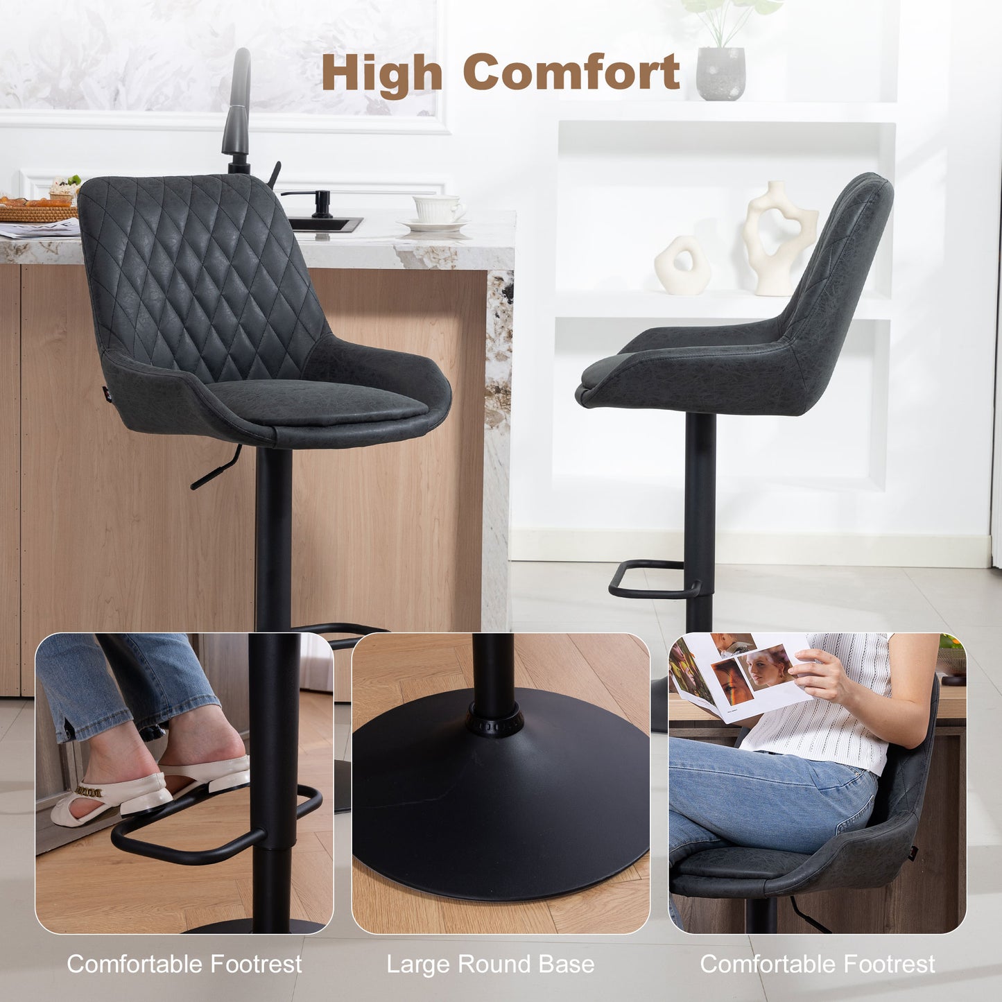 Bar Stools Set of 2, Adjustable Bar Chairs 360 Degree Swivel Black