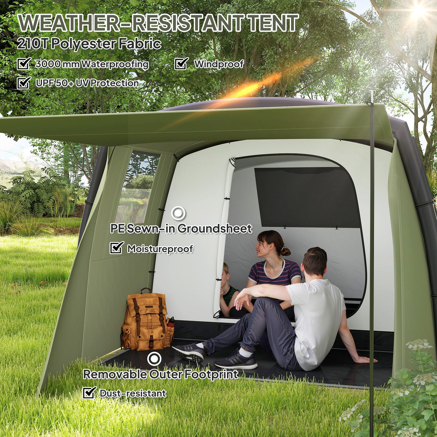 Inflatable 3-4 Man Tunnel Tent w/ Pump, Living Area, Olive Green