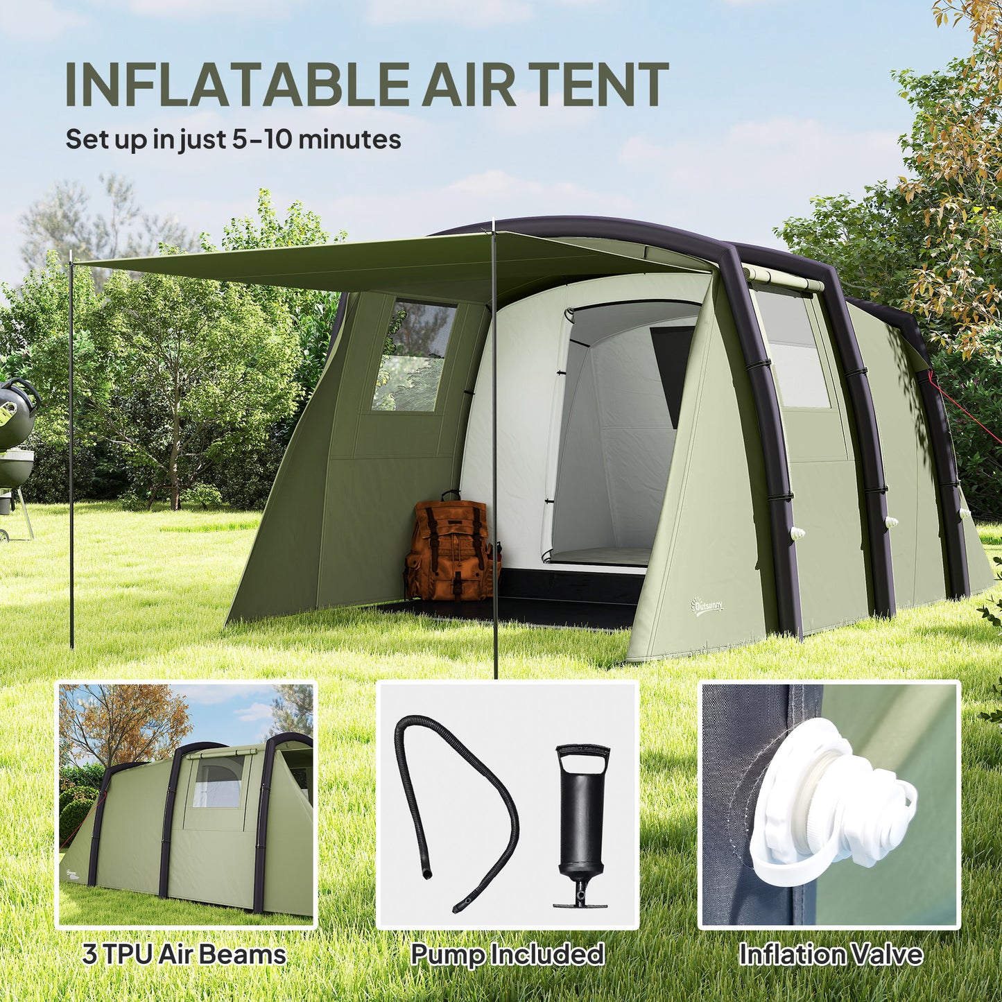 Inflatable 3-4 Man Tunnel Tent w/ Pump, Living Area, Olive Green