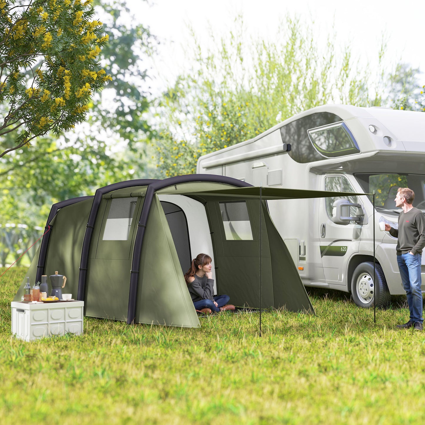 Inflatable 3-4 Man Tunnel Tent w/ Pump, Living Area, Olive Green