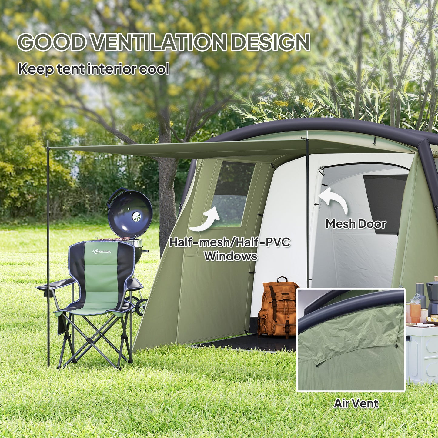 Inflatable 3-4 Man Tunnel Tent w/ Pump, Living Area, Olive Green