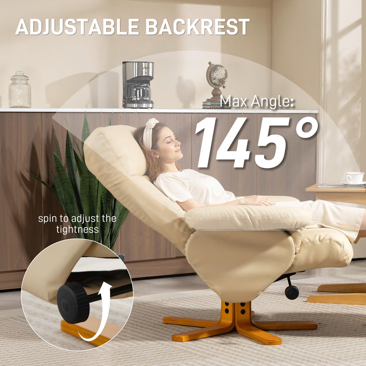 Recliner Chair and Footstool PU Leather Wooden Base, Beige
