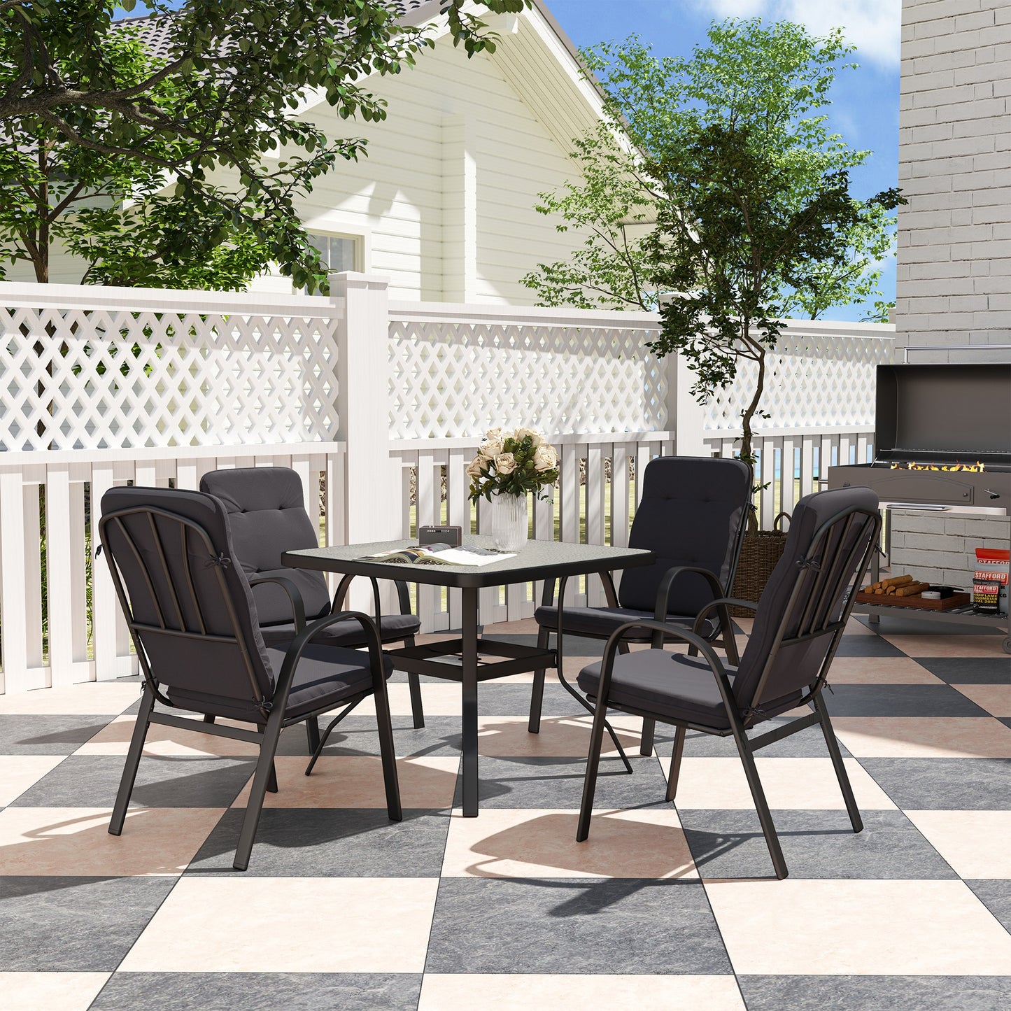 Garden Dining Set, Glass Table w/ Umbrella Hole Black