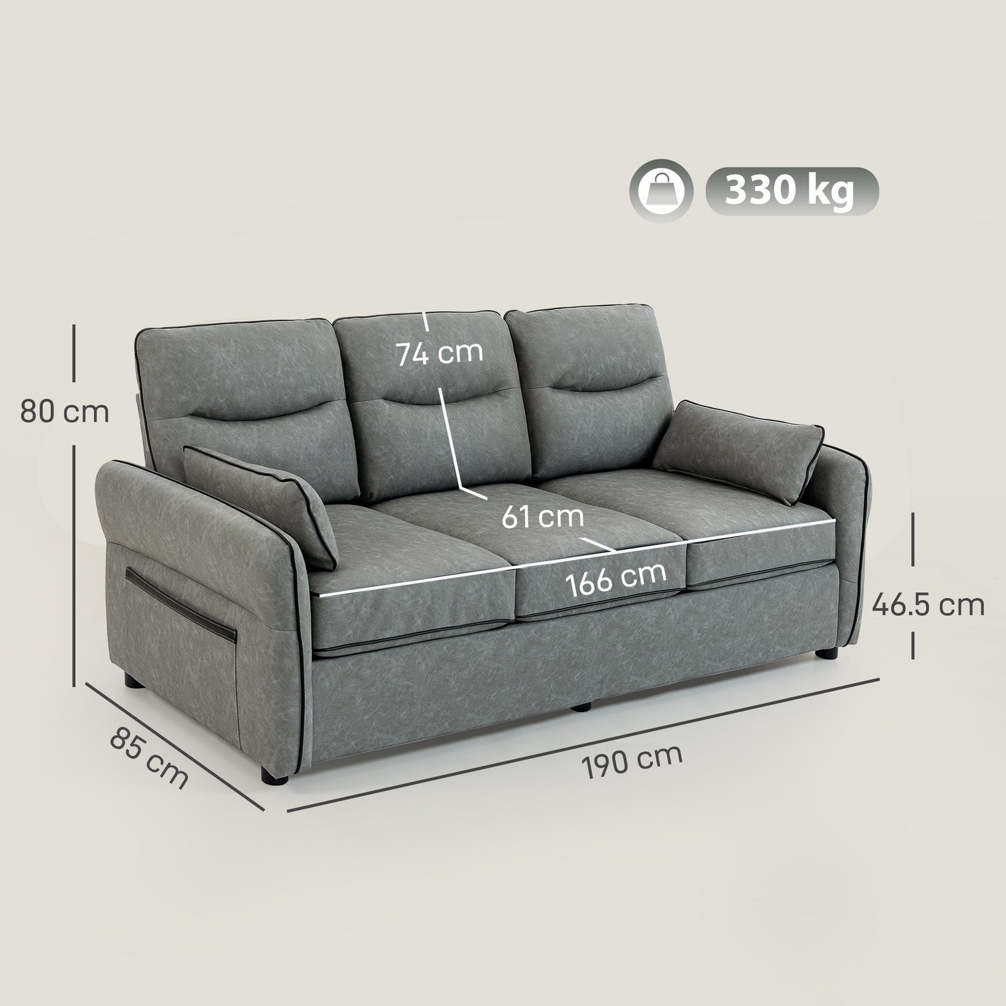 3 Seater Sofa, Faux Leather Couch with Thicken Cushion, Grey