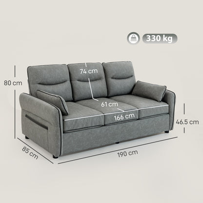 3 Seater Sofa, Faux Leather Couch with Thicken Cushion, Grey