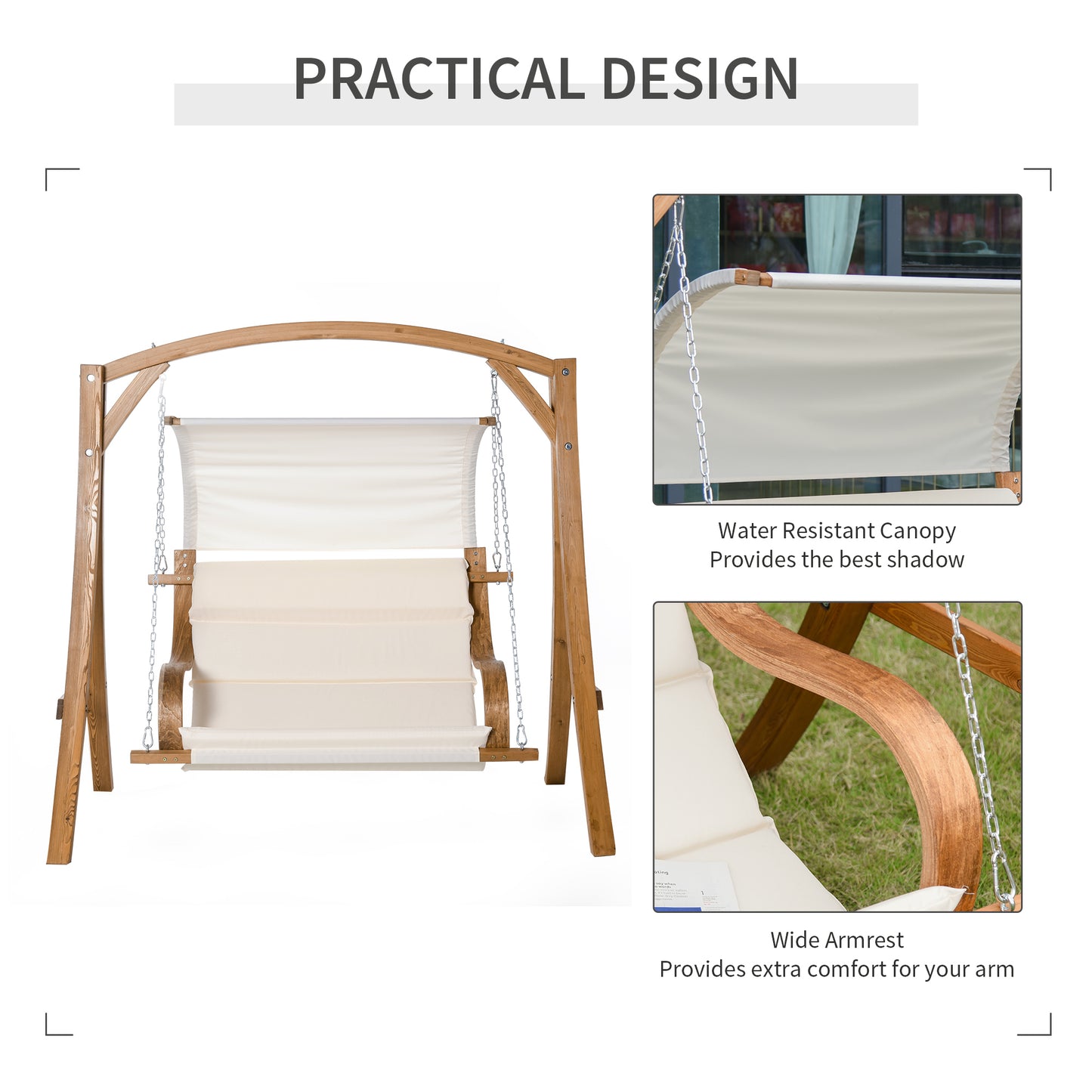 Wooden Porch A-Frame Swing Chair w/ Canopy and Cushion for Patio Garden