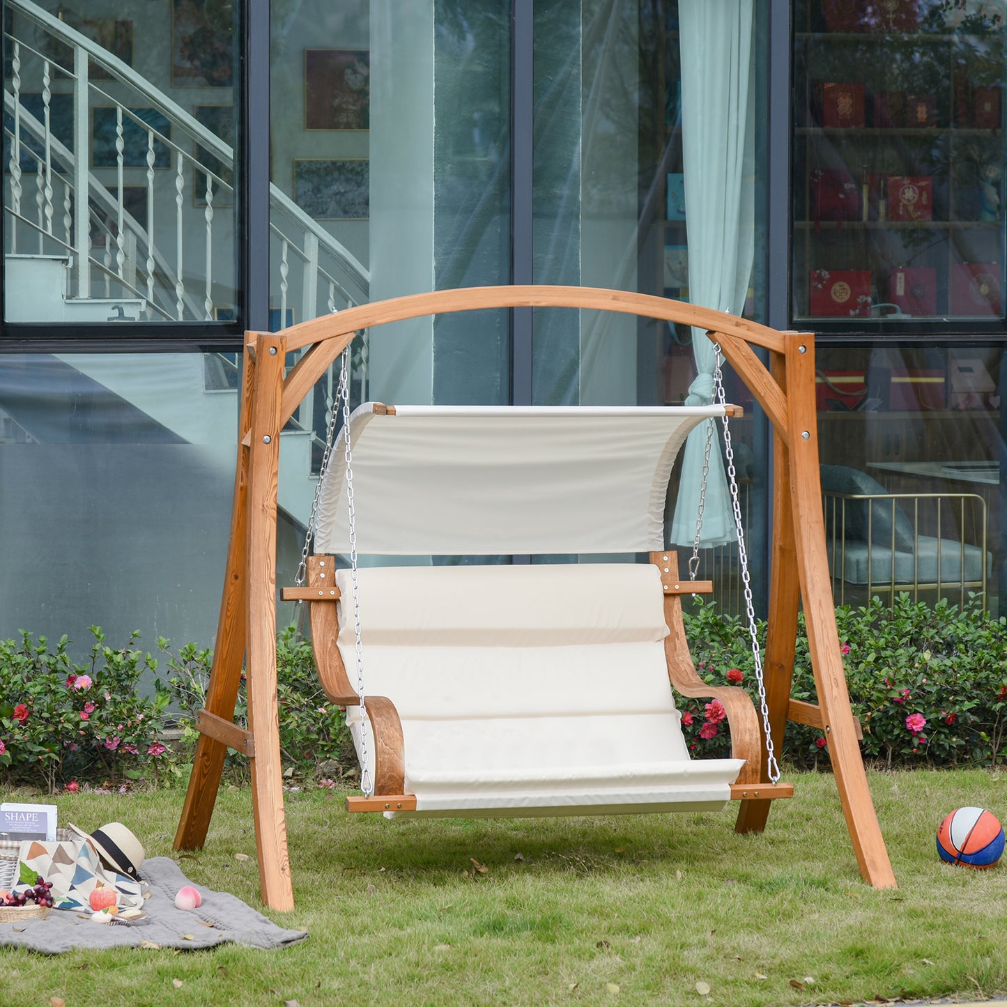 Wooden Porch A-Frame Swing Chair w/ Canopy and Cushion for Patio Garden
