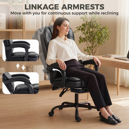 High-Back Executive Home Office Chair, PU Leather Computer Desk Chair with 360 Degree Swivel, Reclining Function, Retractable Footrest and Adjustable Height, Black