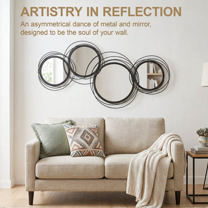 Metal Wall Art 56cm Modern Decorative Mirror Decor Hanging Home Wall Sculptures for Living Room Bedroom Dining Room, Black