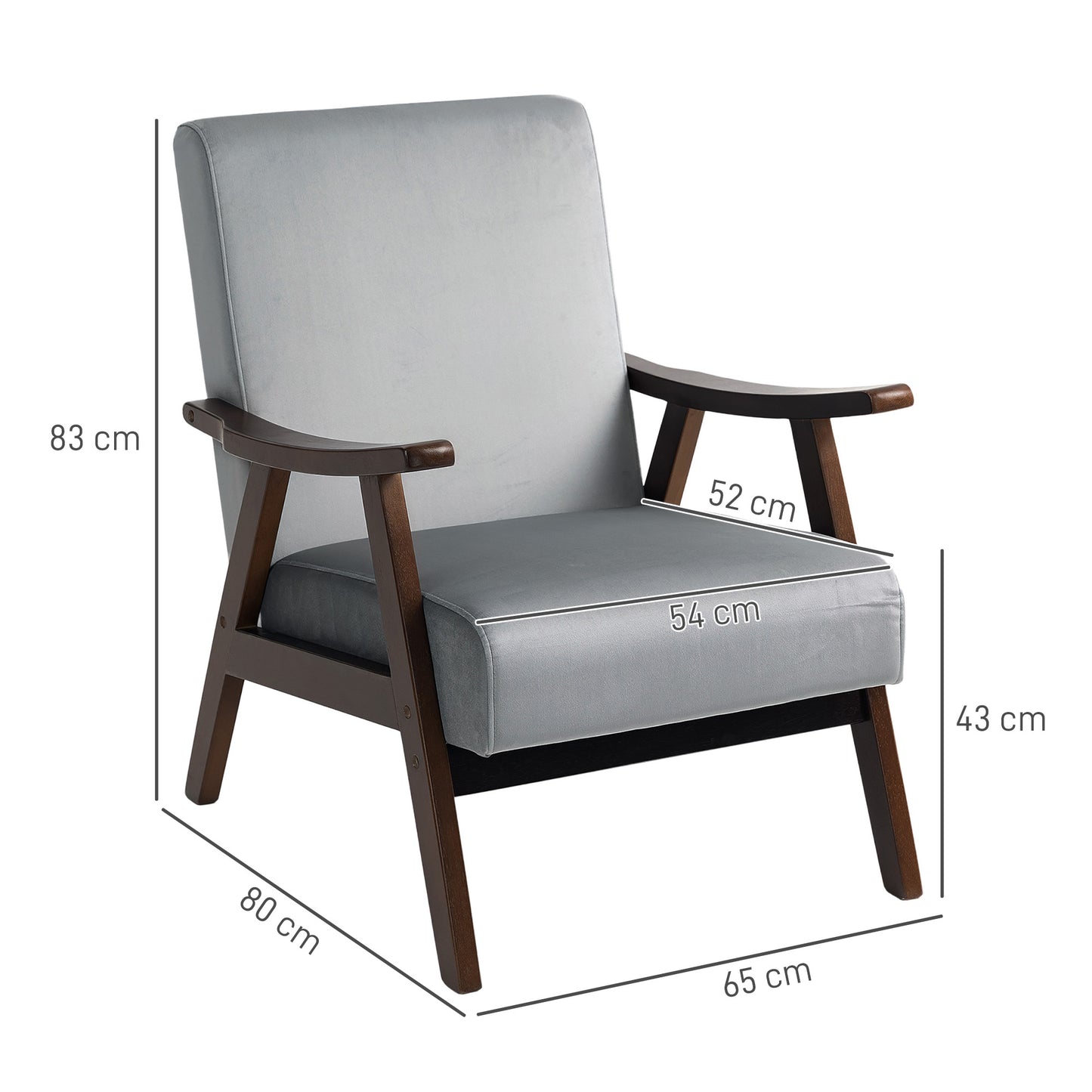 Velvet Armchair with Solid Wood Frame and Thick Padded, Grey