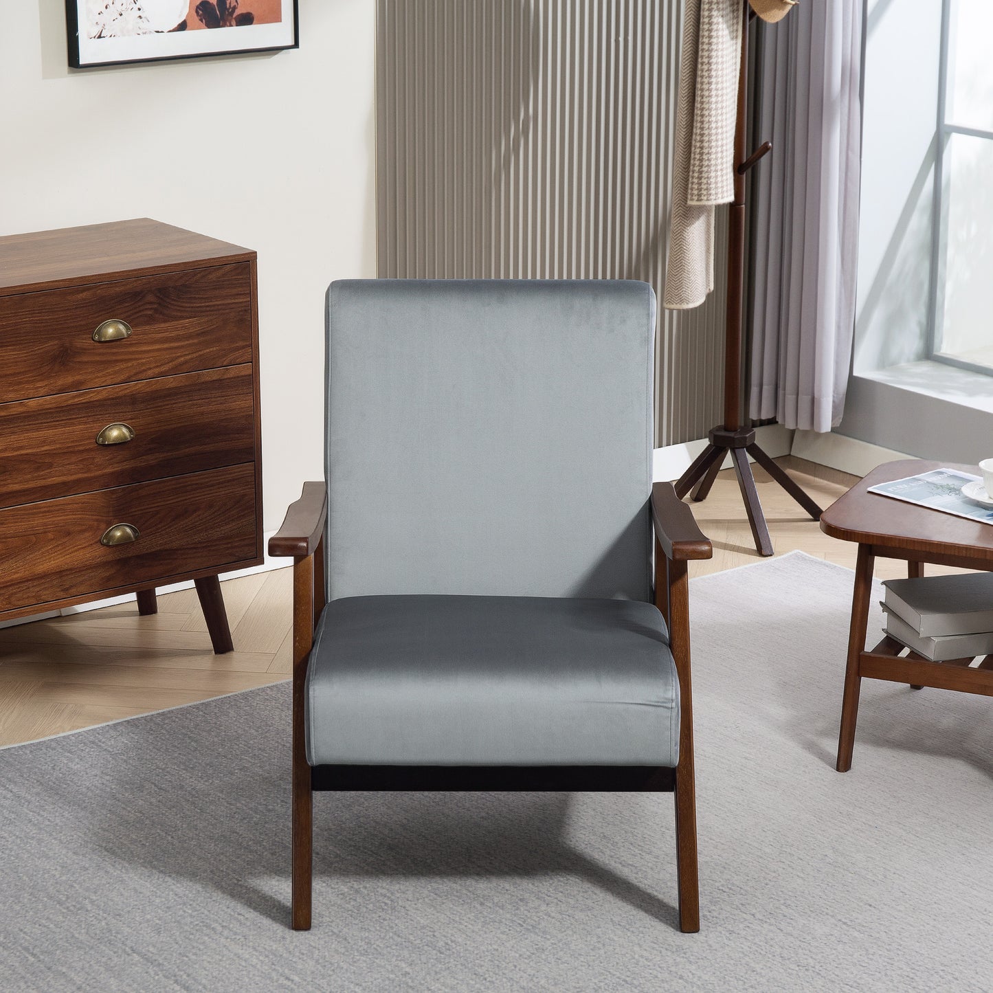 Velvet Armchair with Solid Wood Frame and Thick Padded, Grey