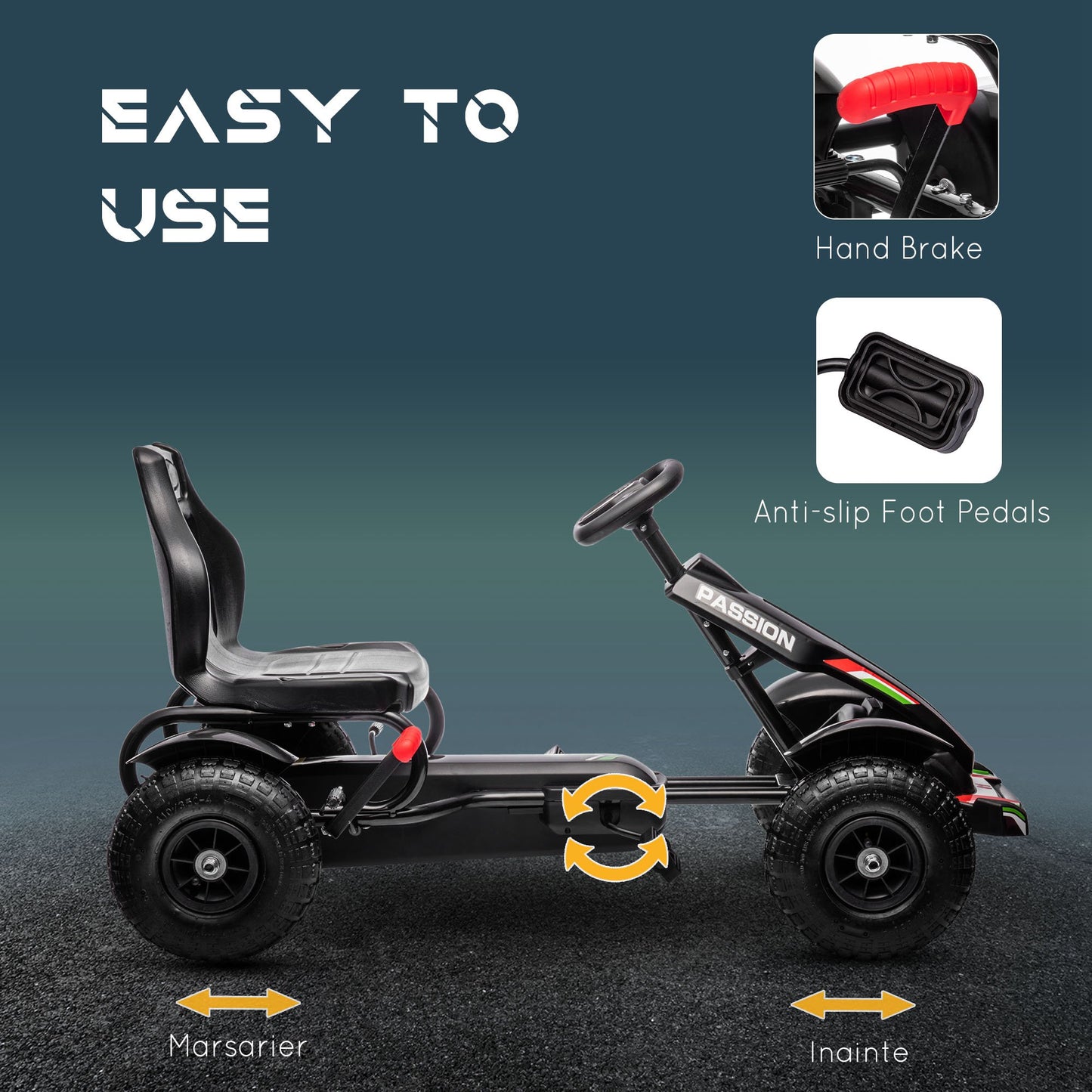 Metal Kids Pedal Go Kart with Adjustable Seat Inflatable Tyres Black