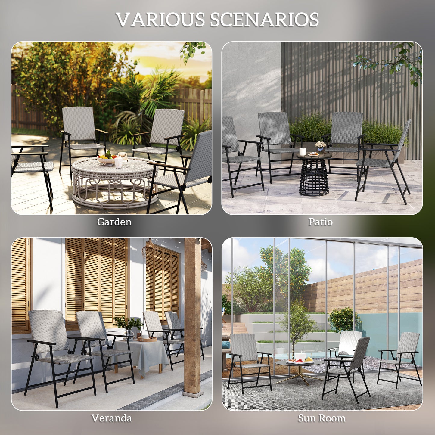 4pcs Rattan Chair Foldable Garden Furniture w/ Armrest Grey