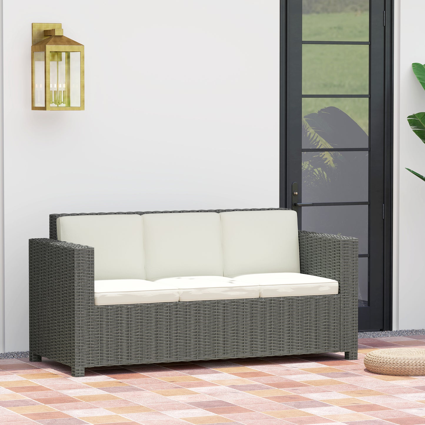 Rattan Wicker 3-seater Chair Patio Furniture w/ Cushion Cream
