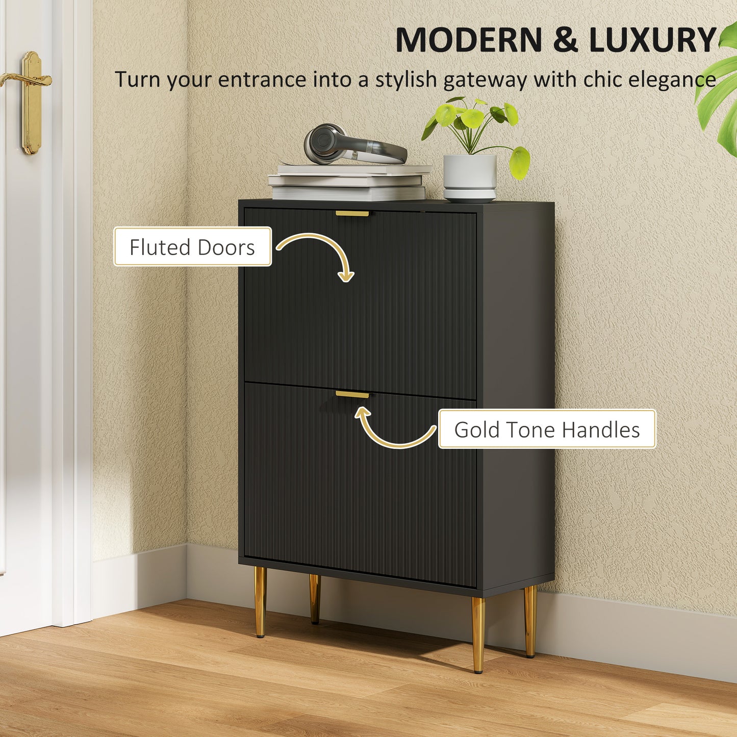 Slim Shoe Storage Cabinet with 2 Flip Drawers for Hallway, Black
