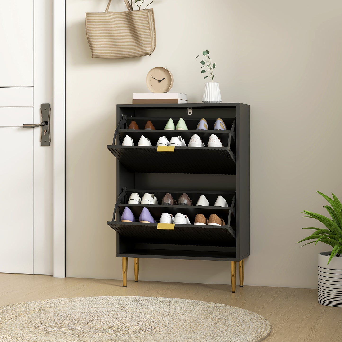 Slim Shoe Storage Cabinet with 2 Flip Drawers for Hallway, Black