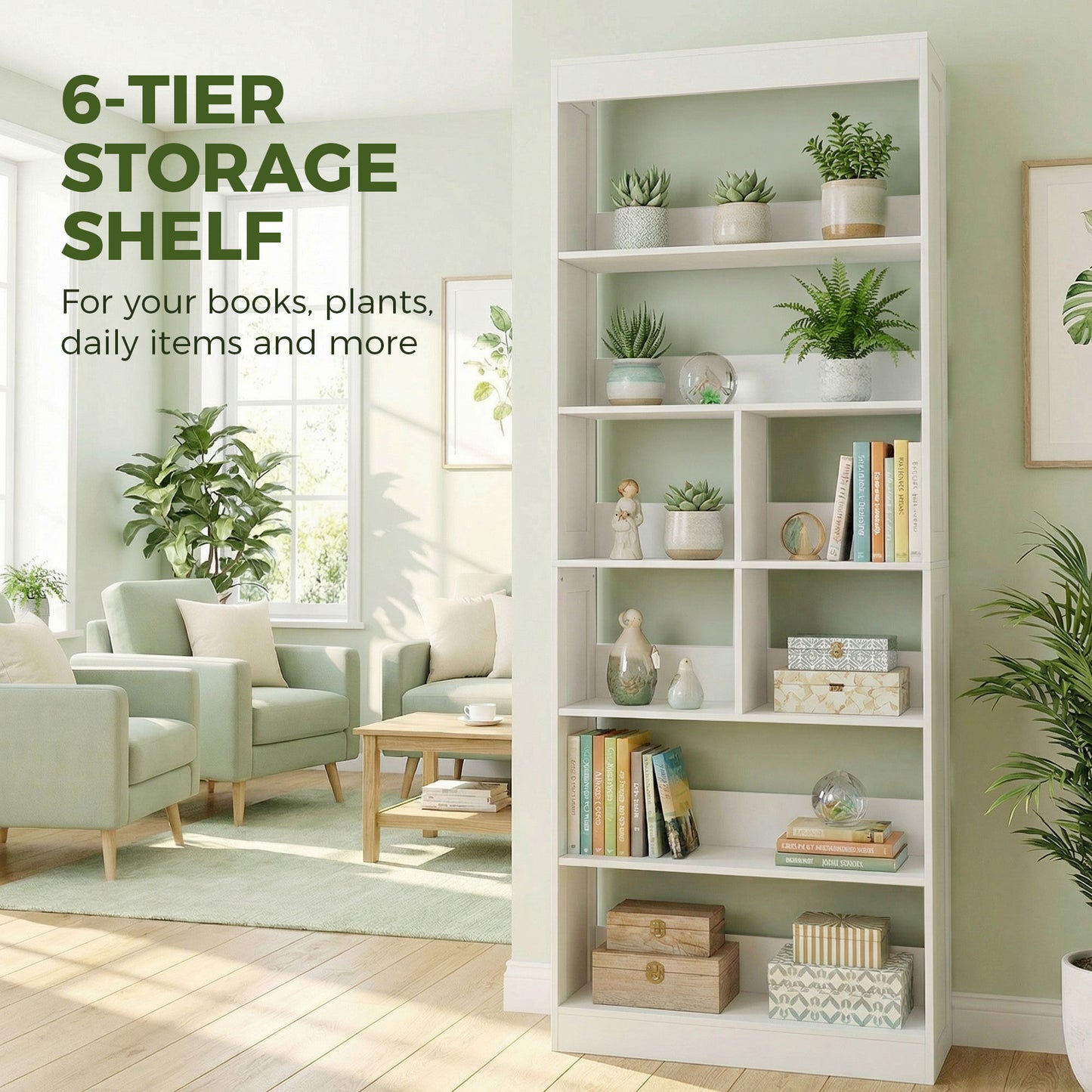 Bookcase, 6-Tier Bookshelf with 4 Open Storage Shelves, 4 Cubes, 68 x 24 x 180 cm Tall Display Shelf with Anti-Tipping Design for Living Room, Bedroom, Study, White