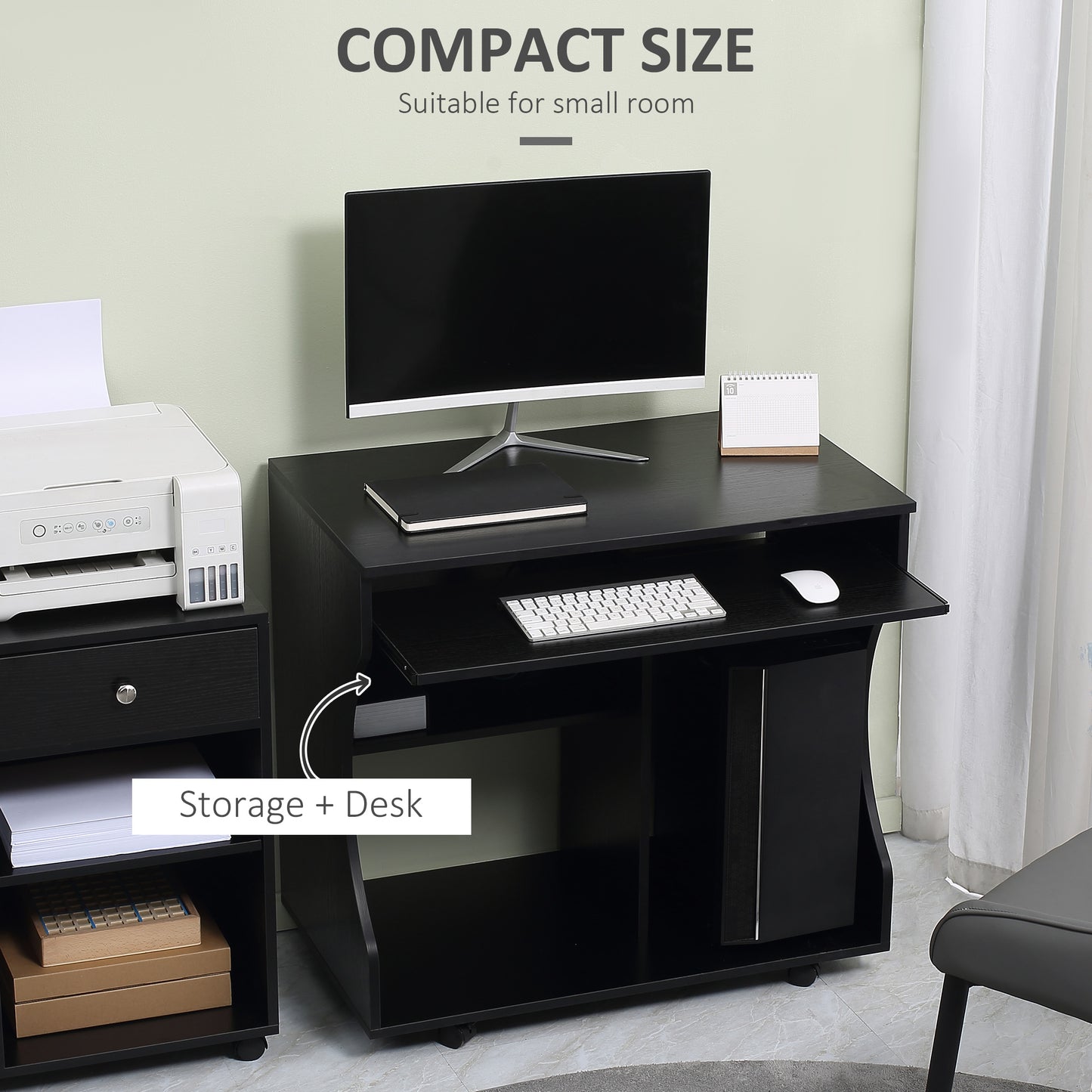 Computer Table Study Desk with Sliding Keyboard Tray, Black