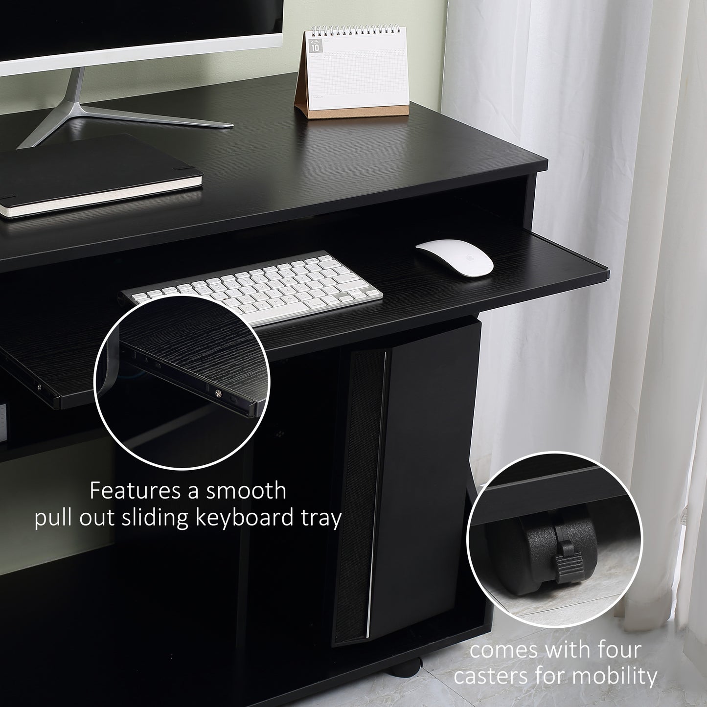 Computer Table Study Desk with Sliding Keyboard Tray, Black