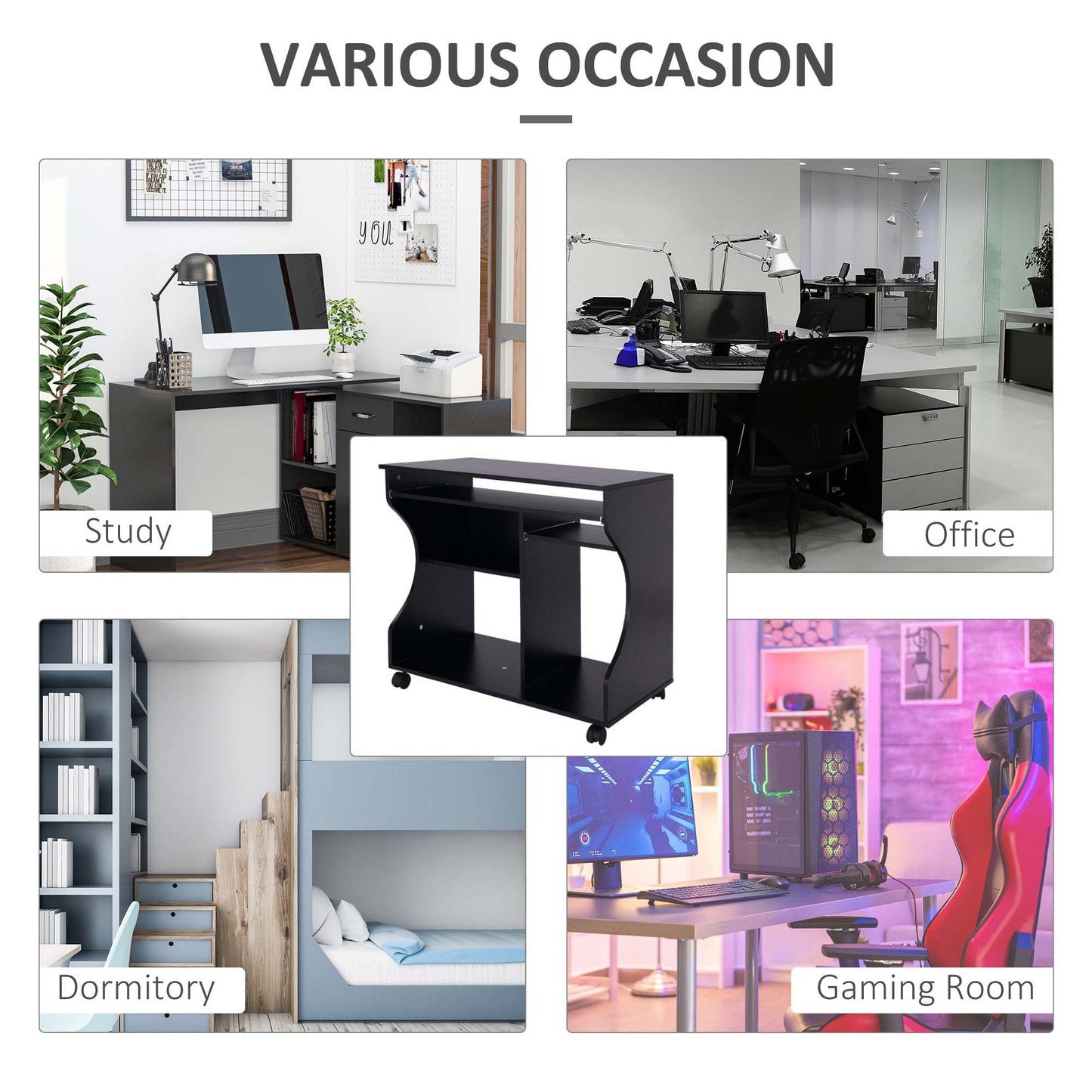 Computer Table Study Desk with Sliding Keyboard Tray, Black