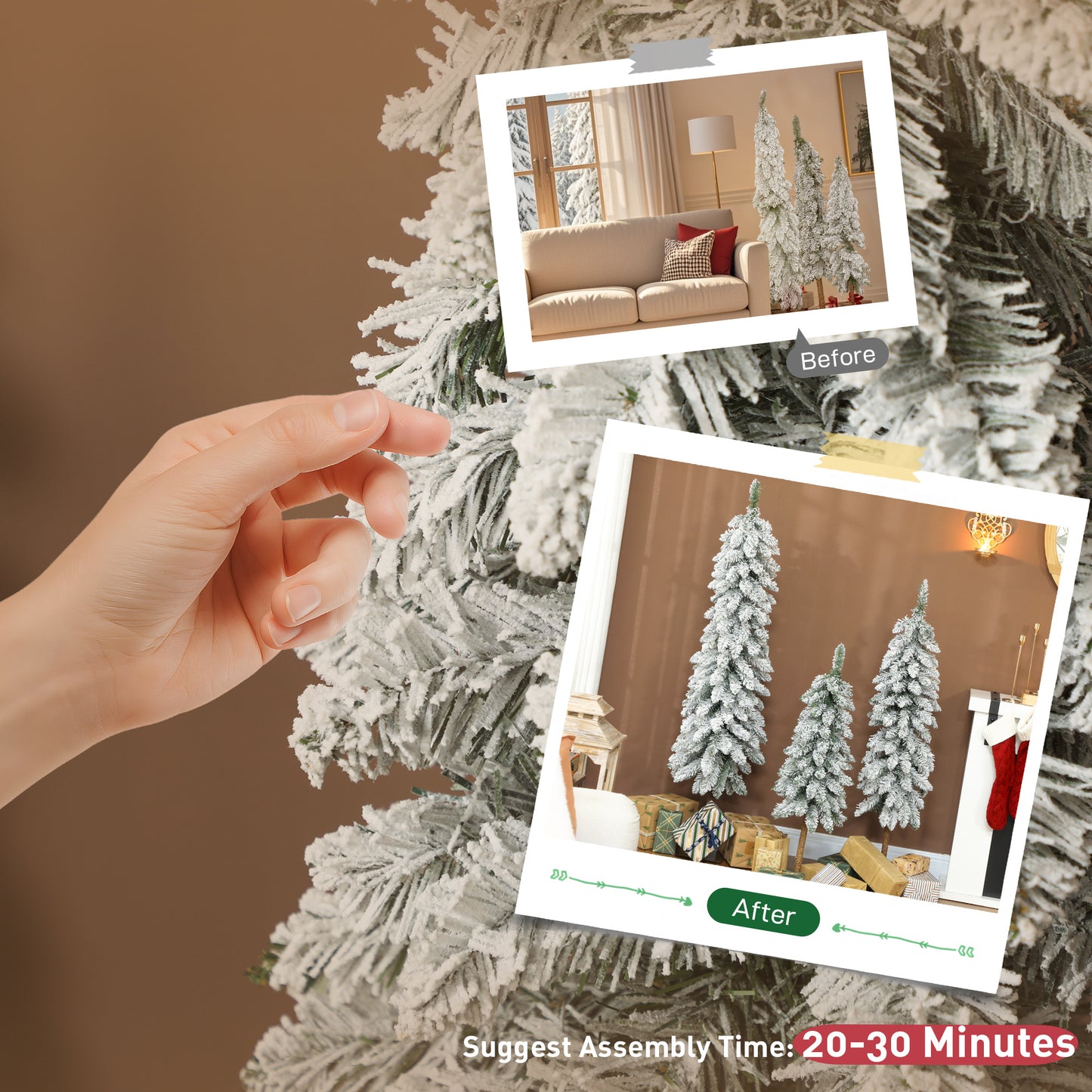 Set of 3 Flocked Christmas Tree, Pencil Downswept Xmas Tree