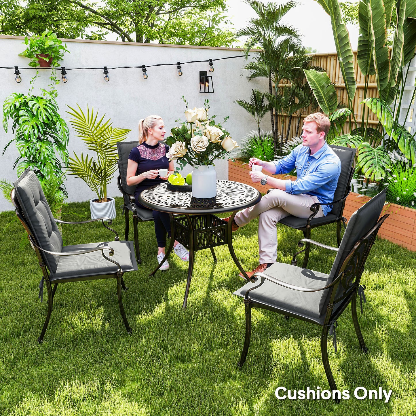 Set of 4 Garden Chair Cushions, Outdoor Seat Pads, Light Grey