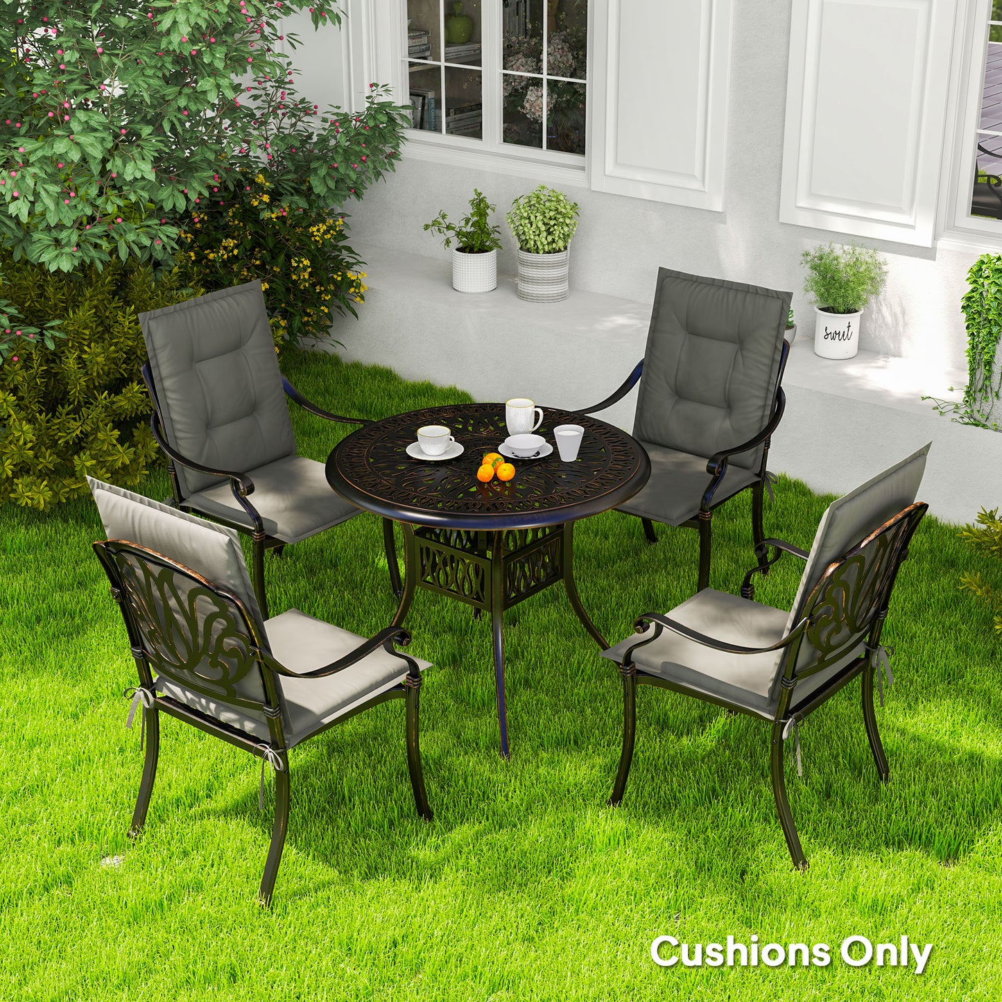 Set of 4 Garden Chair Cushions, Outdoor Seat Pads, Light Grey